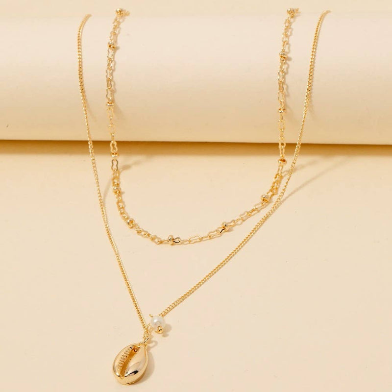 Pearl And Puka Shell Pendant Layered Chain Necklace