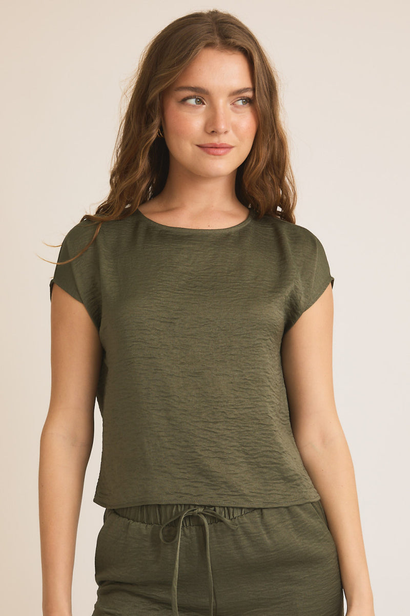 Satin Olive Short Sleeve Top