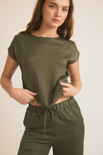 Satin Olive Short Sleeve Top