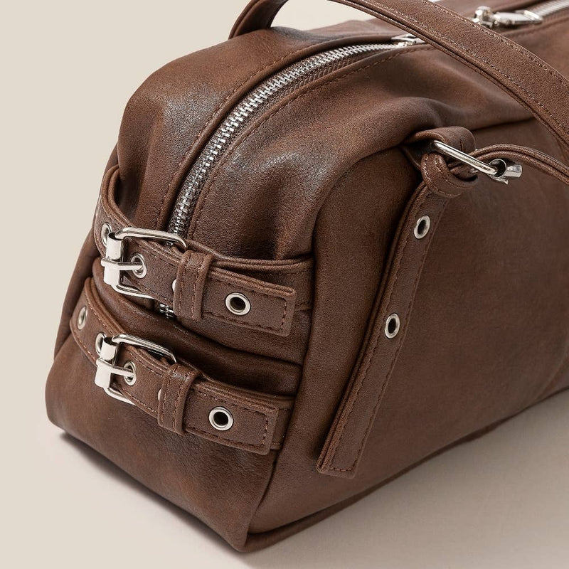 Greige Belt Strap Rectangular Hand Bag