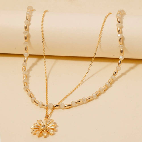 Flower Pendant Mixed Beaded Layered Necklace \ White or Teal