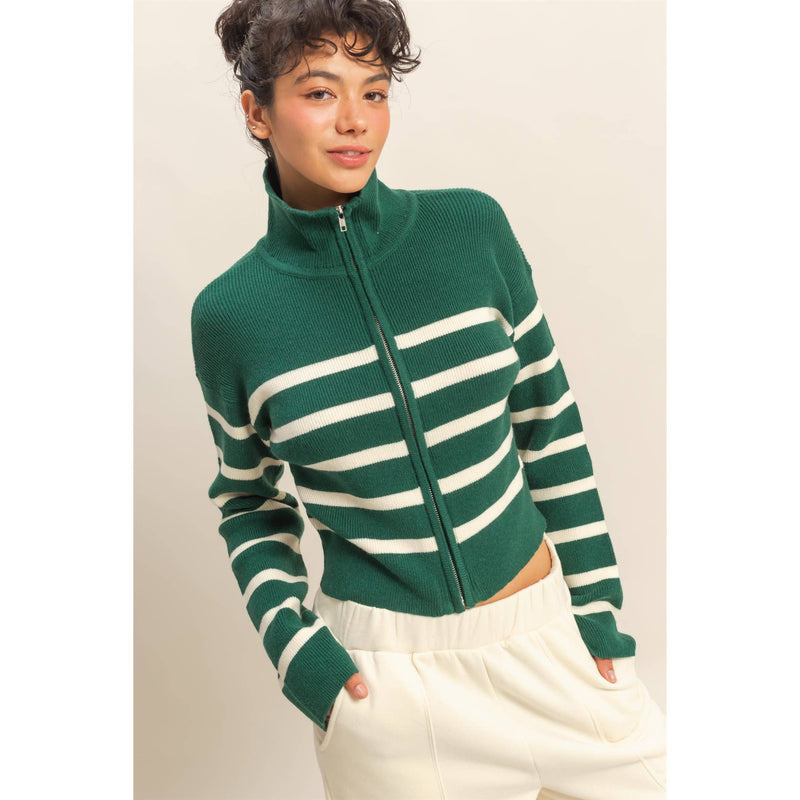 Taupe Striped Ribbed Zip Up Sweater