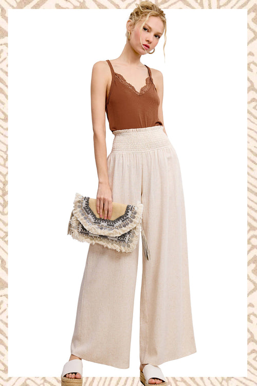 Neutral Smocked Waist Linen Pants