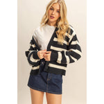Striped Black & White Sweater Cardigan With Button Front