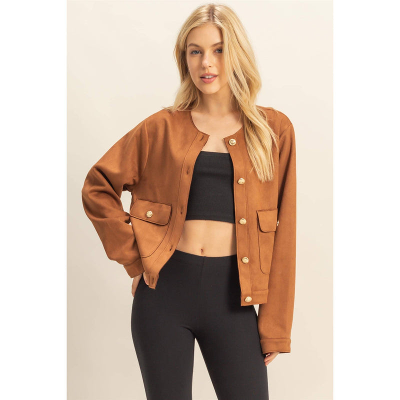 Brown Suede Jacket With Golden Button Details