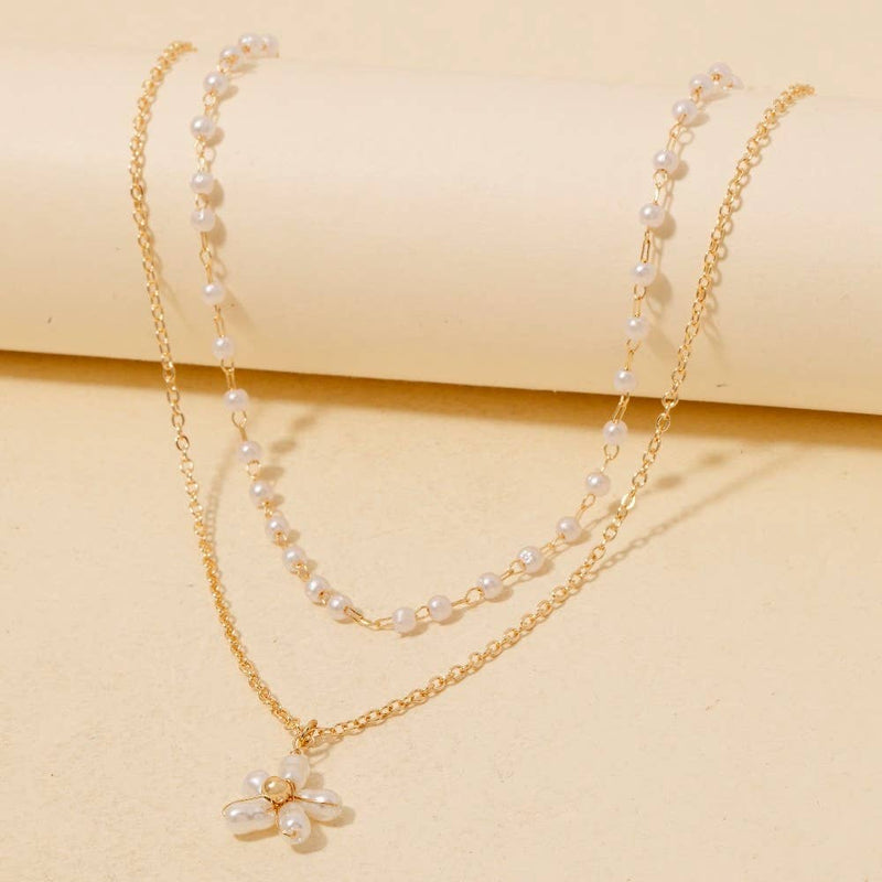 Pearl Beaded Flower Pendant Layered Necklace