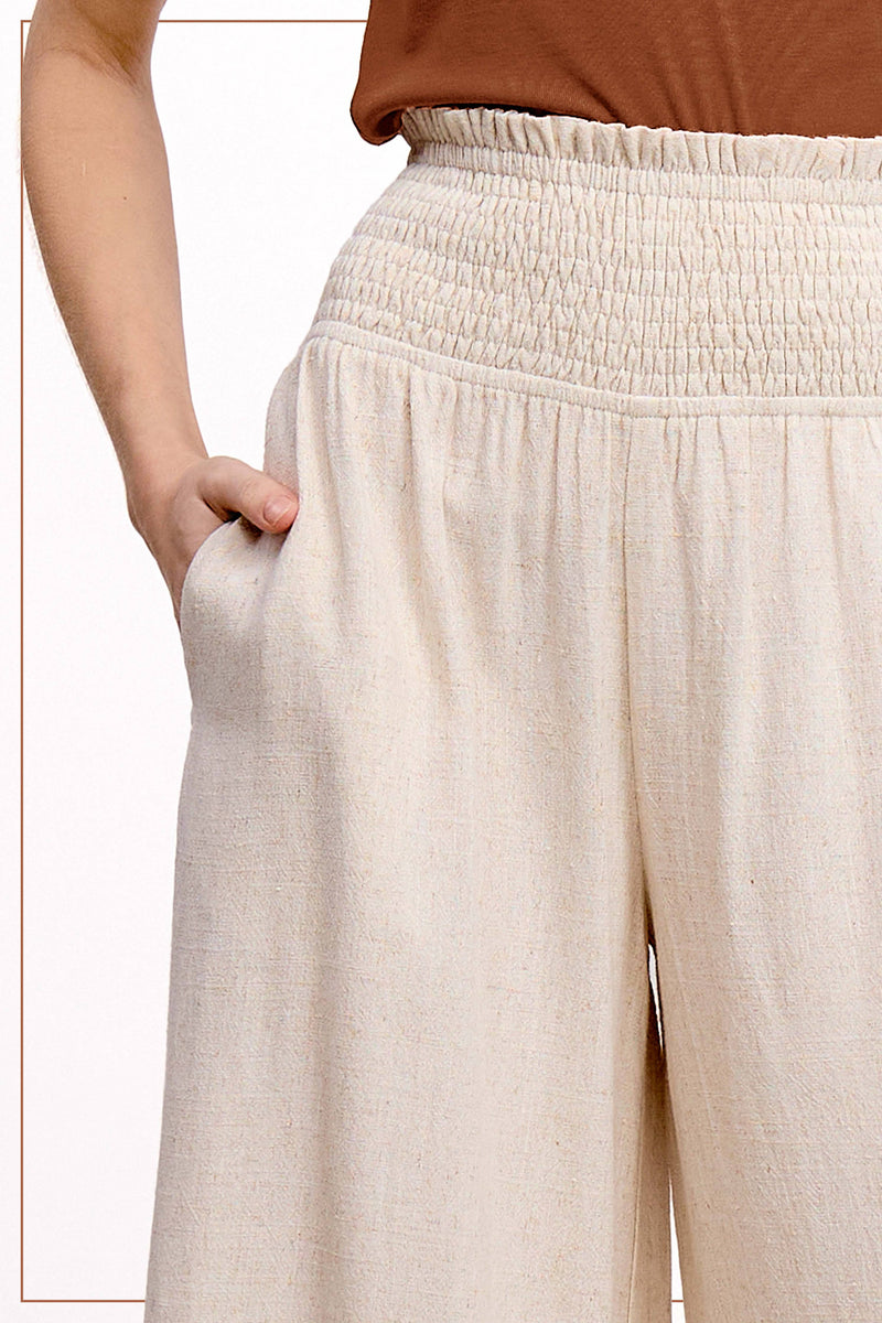 Neutral Smocked Waist Linen Pants