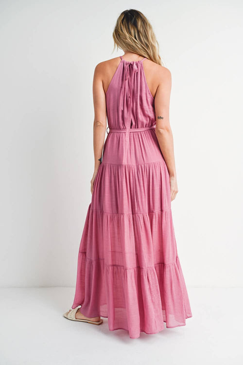 Rose Halter Tie-Waist Maxi Dress