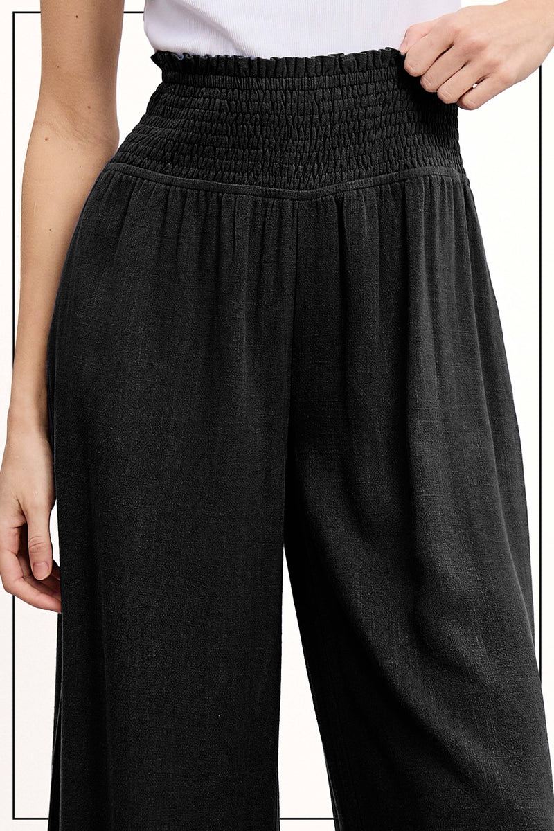 Black Smocked Waist Linen Pants