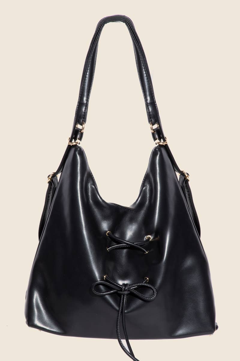 Black Faux Leather String Bow Know Shoulder Bag