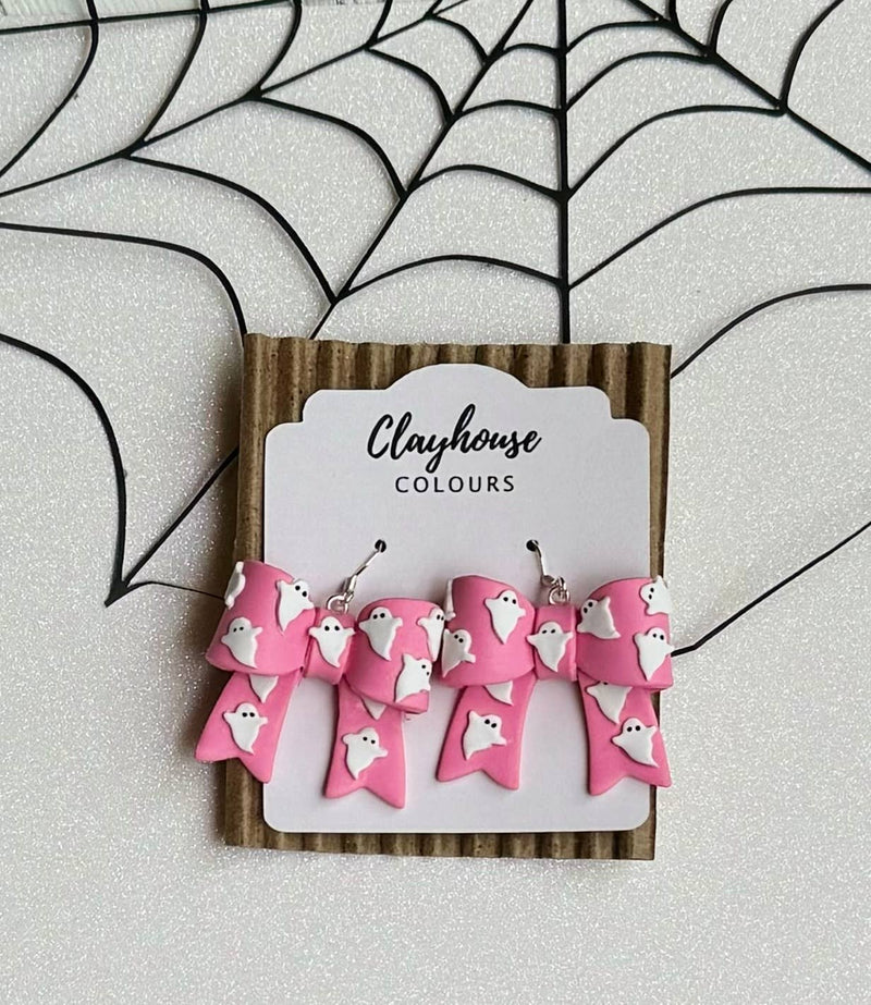 Pink Bows With Ghosts Clay Earrings