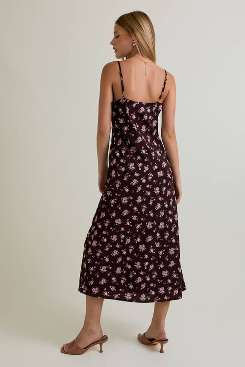 Spaghetti Strap Pink Floral Detail Midi Dress