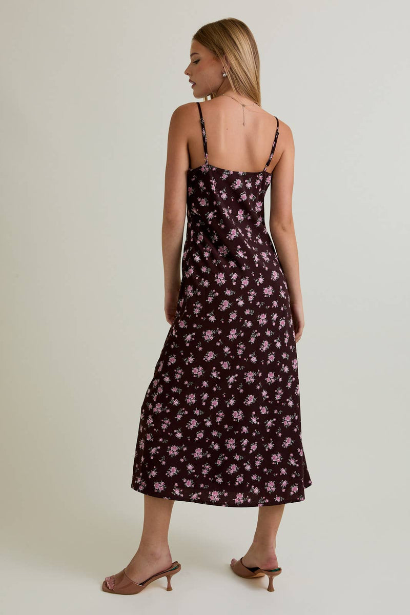 Spaghetti Strap Pink Floral Detail Midi Dress