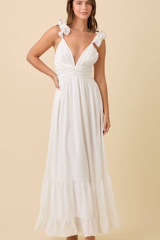White Maxi Ruffle Sleeve Dress w/ Back Tie
