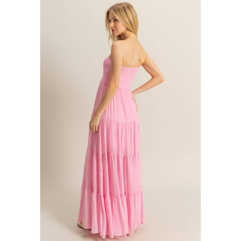 Light Pink Strapless Ruched Bust Tiered Maxi Dress