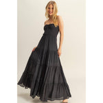 Black Strapless Ruched Bust Tiered Maxi Dress
