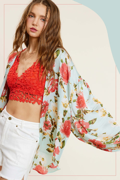 Aquamarine Floral Pattern Front Tie Blouse