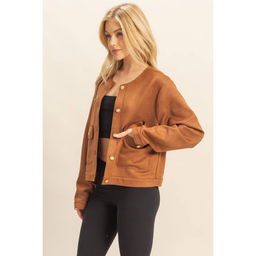 Brown Suede Jacket With Golden Button Details