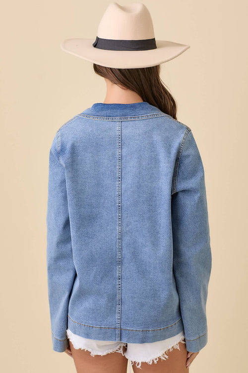 Lapel Collar Denim Jacket With Front Tie Detail