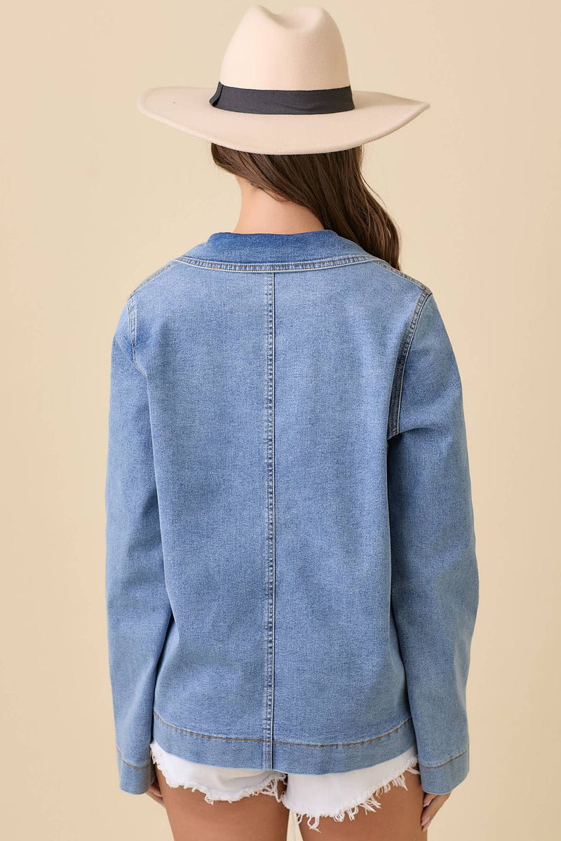 Lapel Collar Denim Jacket With Front Tie Detail