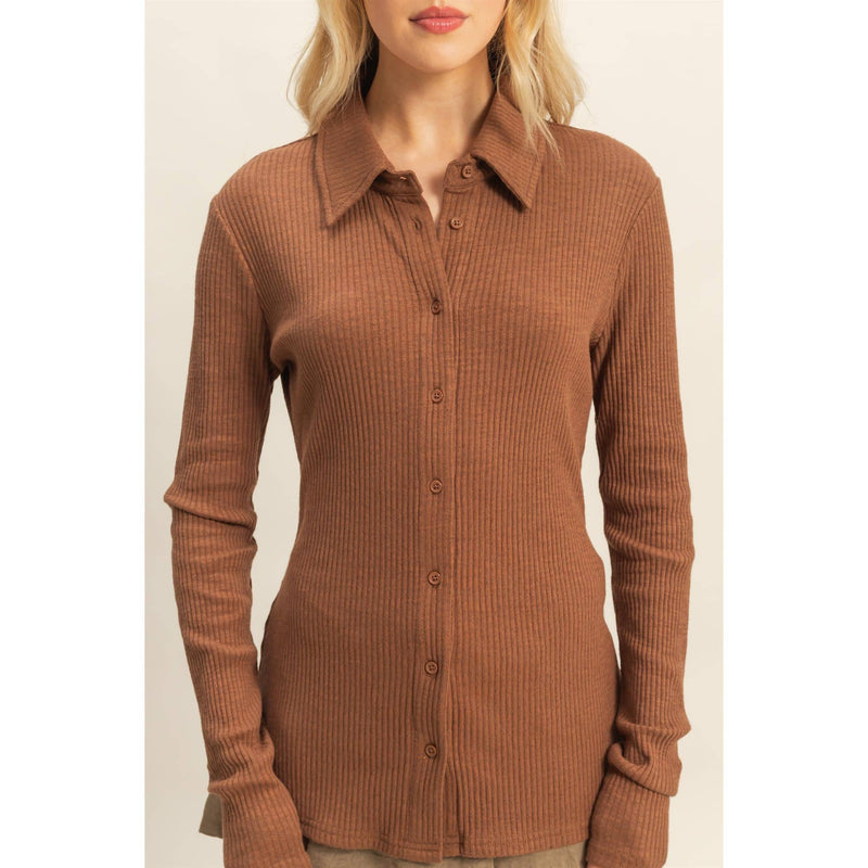 Brown Textured Long-Sleeve Button-Down Shirt