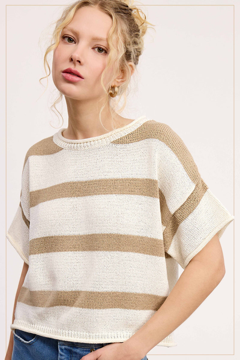 Taupe Boxy Silhouette Stripe Lightweight Sweater Top