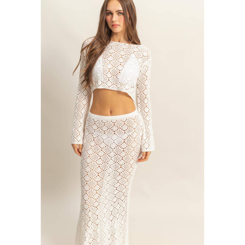 White Open Stitch Knit Long Sleeve Crop Top