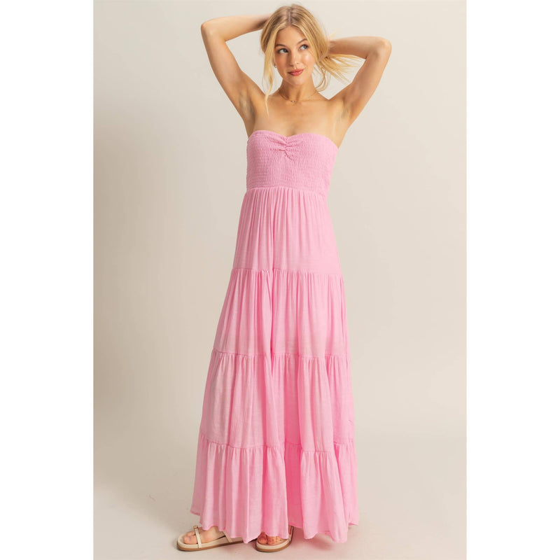 Light Pink Strapless Ruched Bust Tiered Maxi Dress