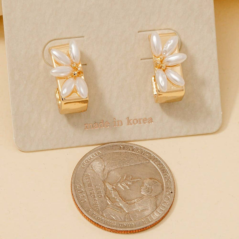 Pearl Beads Half Flower Rectangle Hoop Earrings