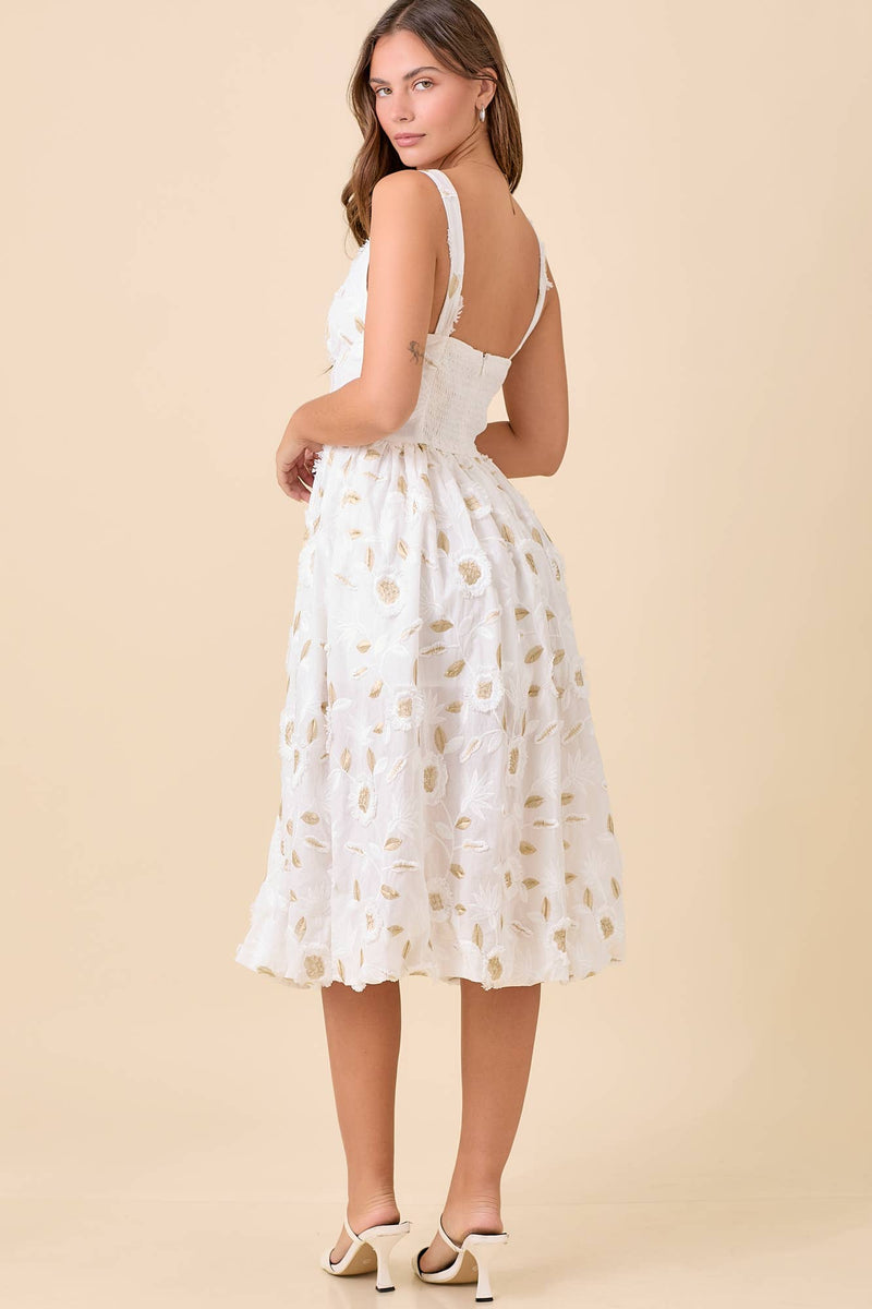 Low V-neck Midi Dress With 3D Floral Fabric