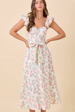 Ivory Floral Printed Ruffle Sleeve Midi Dress