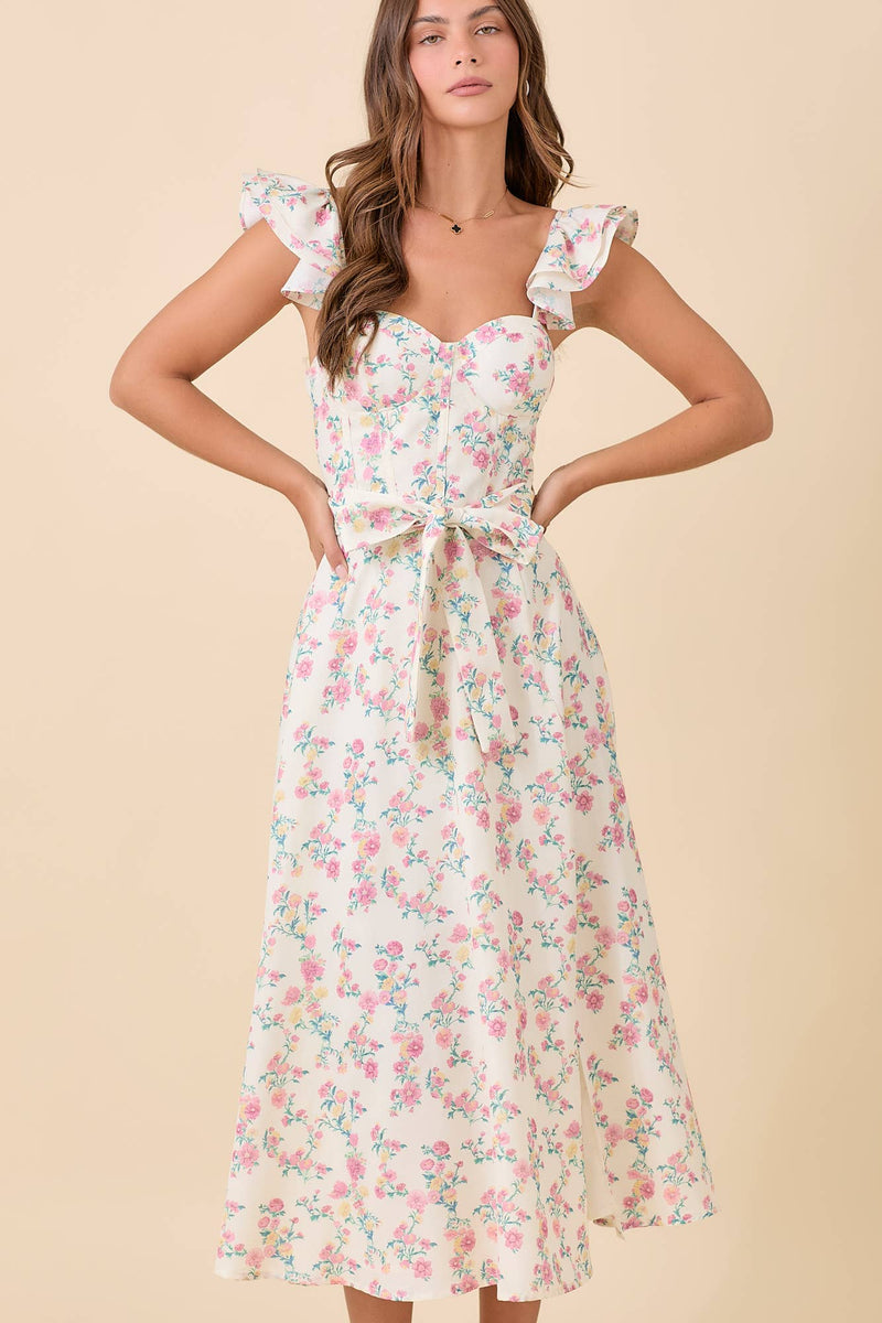 Ivory Floral Printed Ruffle Sleeve Midi Dress