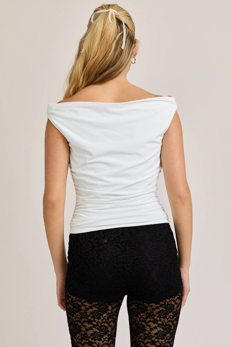 Cream Off The Shoulder Top With Ruching