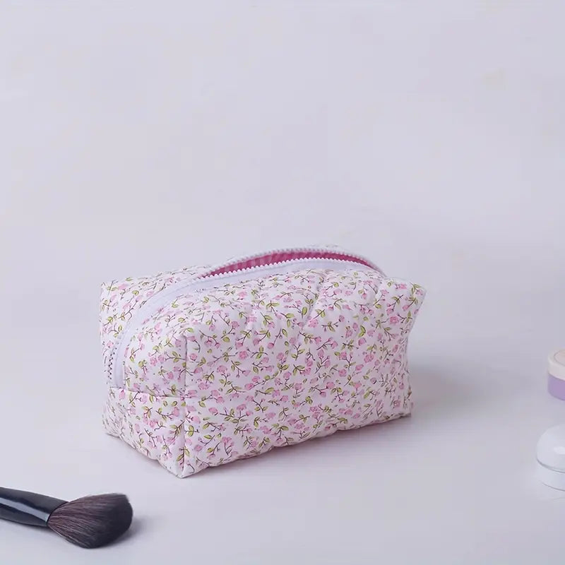 Pink Floral Quilted Cosmetic Bag