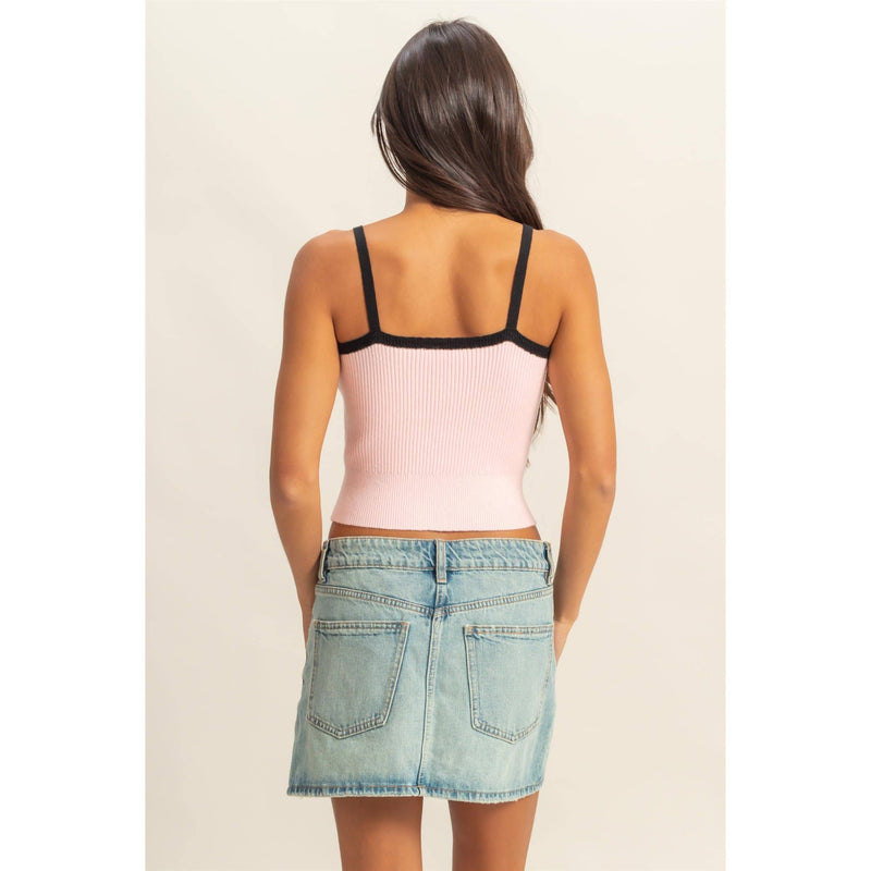 Bow Detail Square Neck Pink Sweater Tank Top