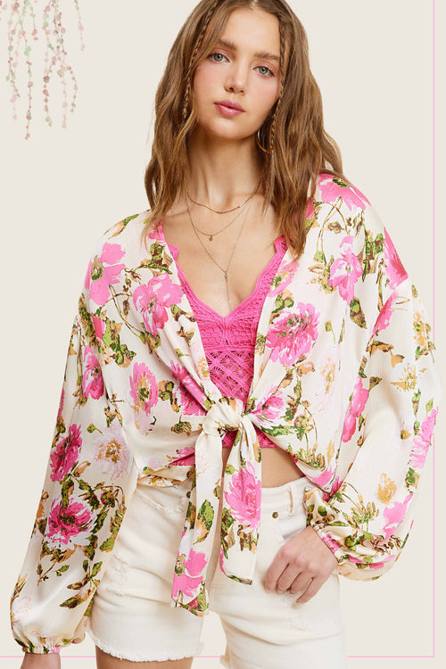 Pearl/Pink Floral Pattern Front Tie Blouse