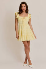 Butter Yellow Ruffle Shoulder Lace Trim Mini Dress