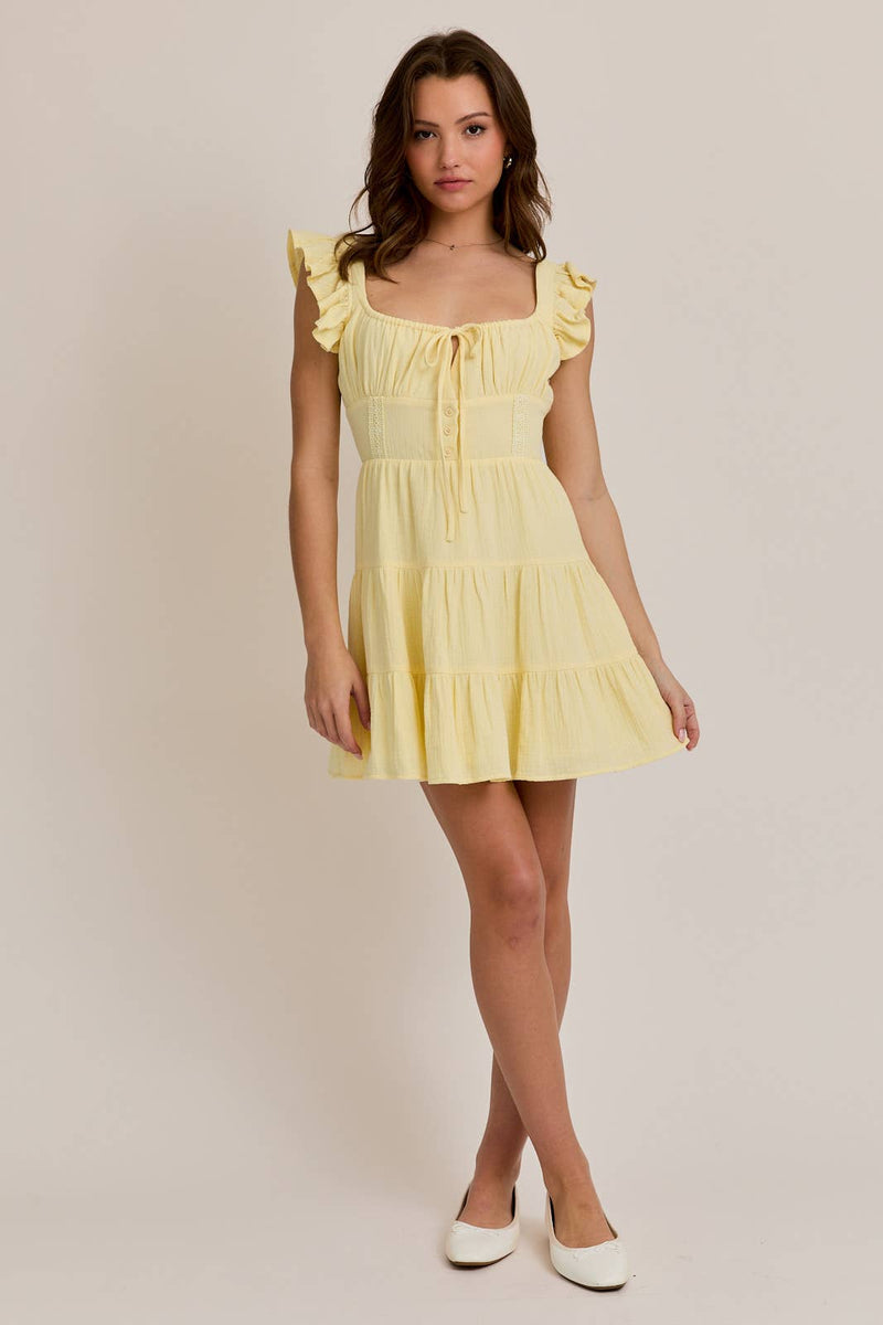 Butter Yellow Ruffle Shoulder Lace Trim Mini Dress