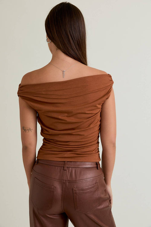 Brown Off The Shoulder Top With Ruching