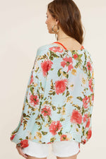 Aquamarine Floral Pattern Front Tie Blouse