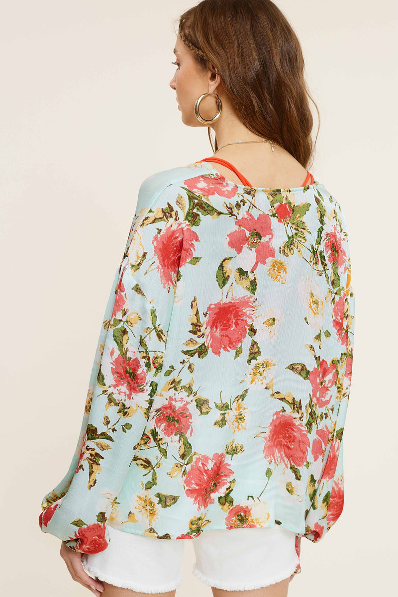 Aquamarine Floral Pattern Front Tie Blouse