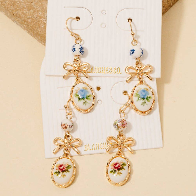 Bow And Pink Floral Ceramic Charms Dangle Earrings