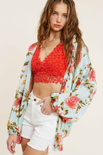 Aquamarine Floral Pattern Front Tie Blouse