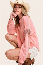 Coral Pink Embroidered Crochet Long Sleeve Top