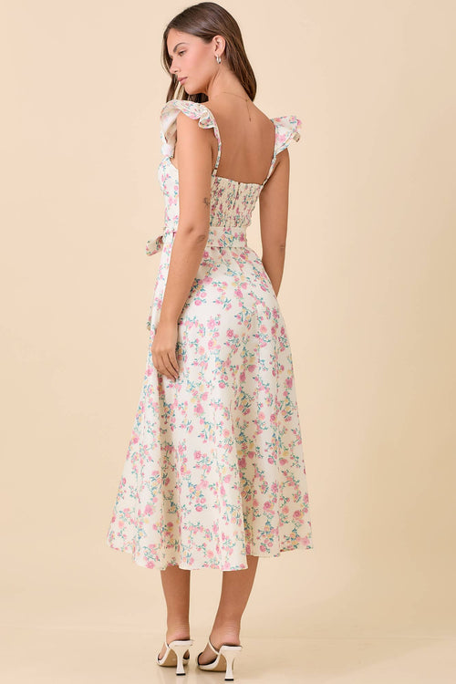 Ivory Floral Printed Ruffle Sleeve Midi Dress