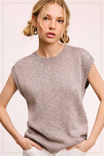 Taupe Loose Fit Ribbed Knit Crew Neck Top