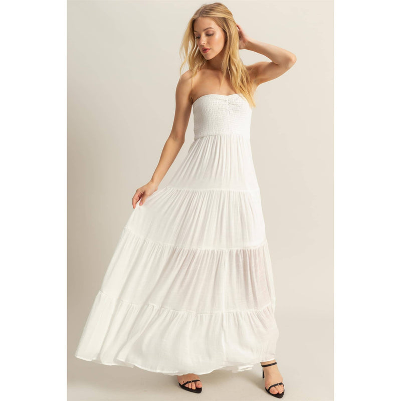 White Strapless Ruched Bust Tiered Maxi Dress