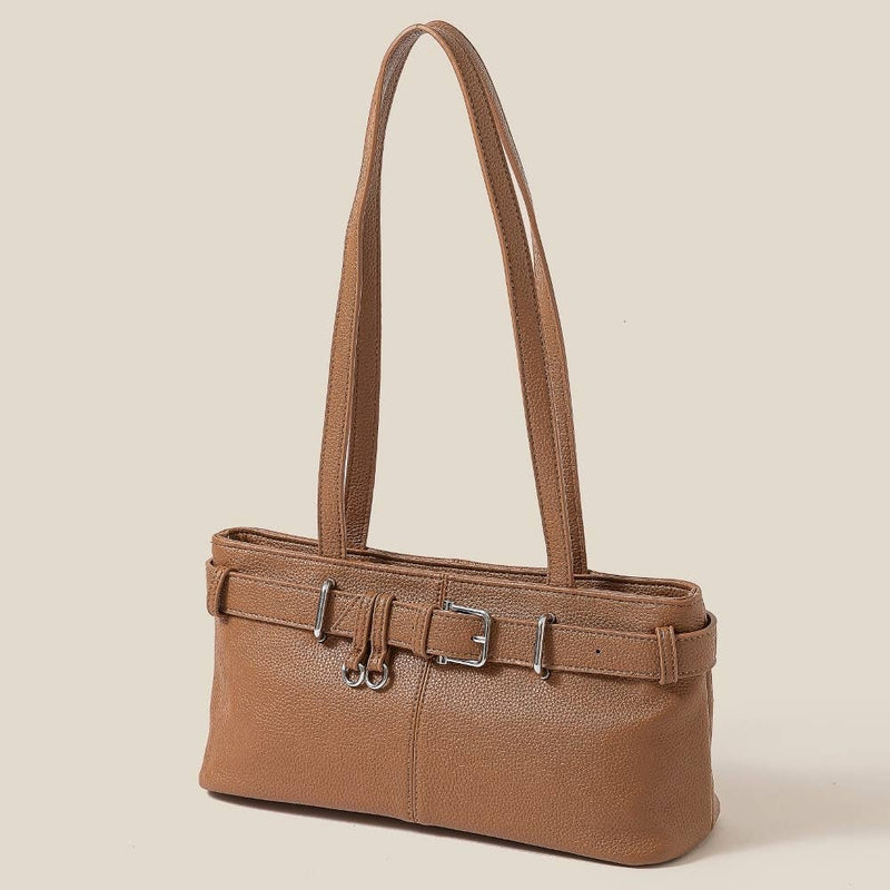 Brown Rectangle Belt Strap Faux Leather Shoulder Bag