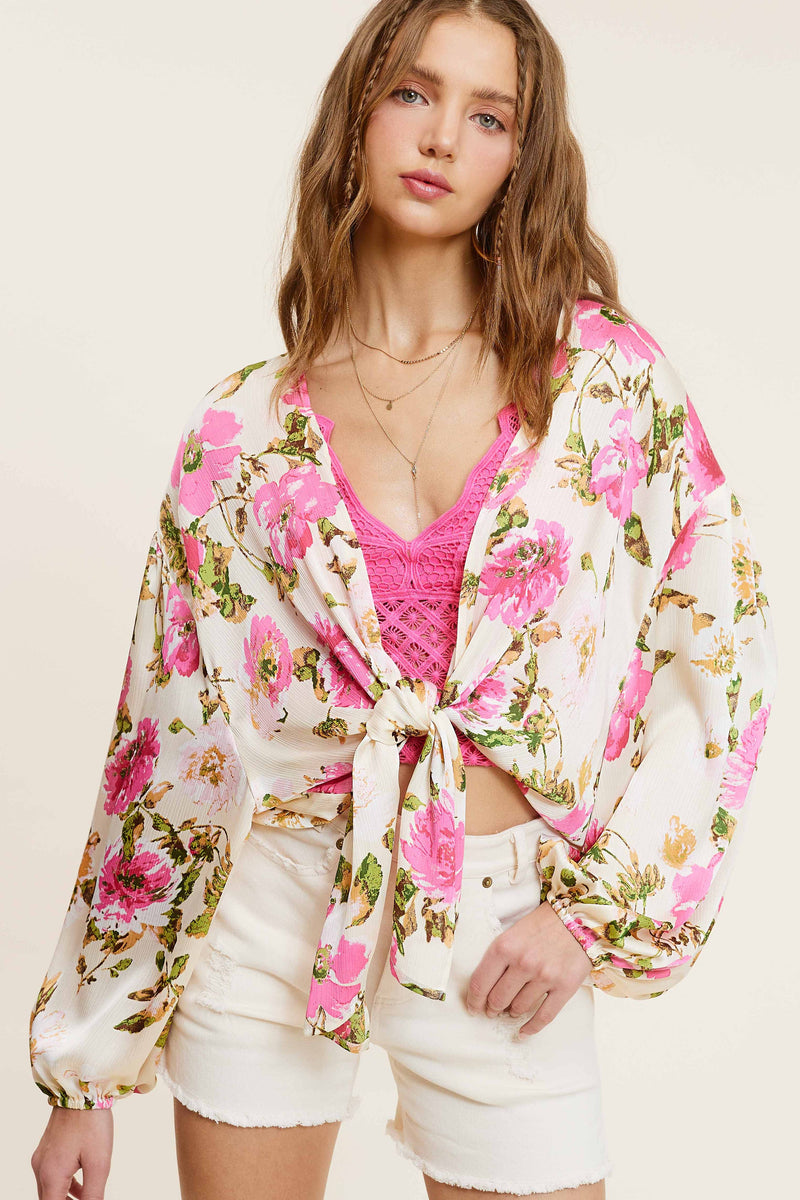 Pearl/Pink Floral Pattern Front Tie Blouse