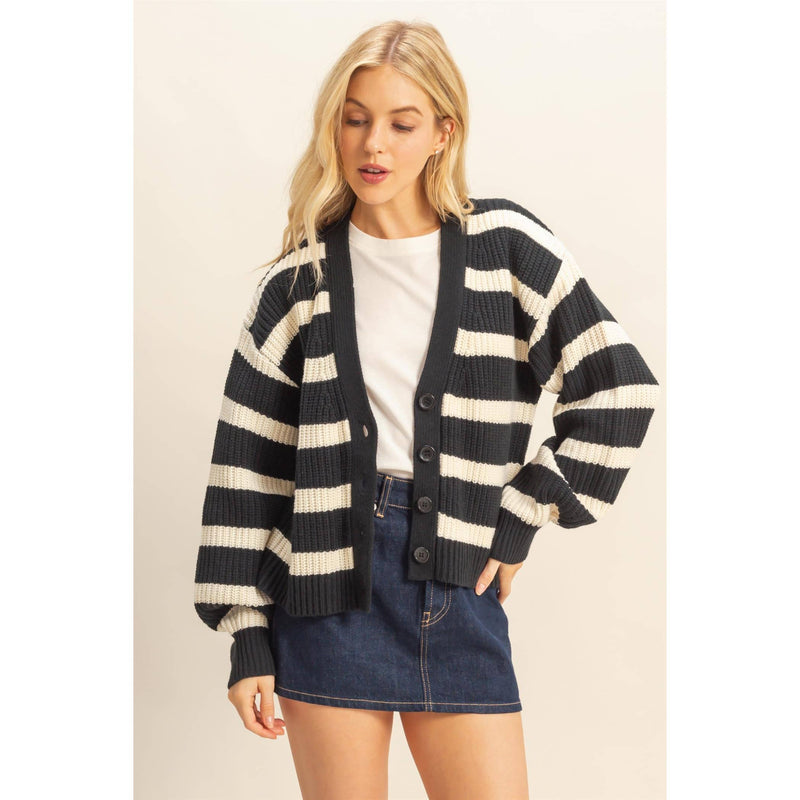 Striped Black & White Sweater Cardigan With Button Front